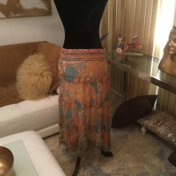 NWT Hale Bob Boho style georgette beaded tier skirt - Picture 5 of 13